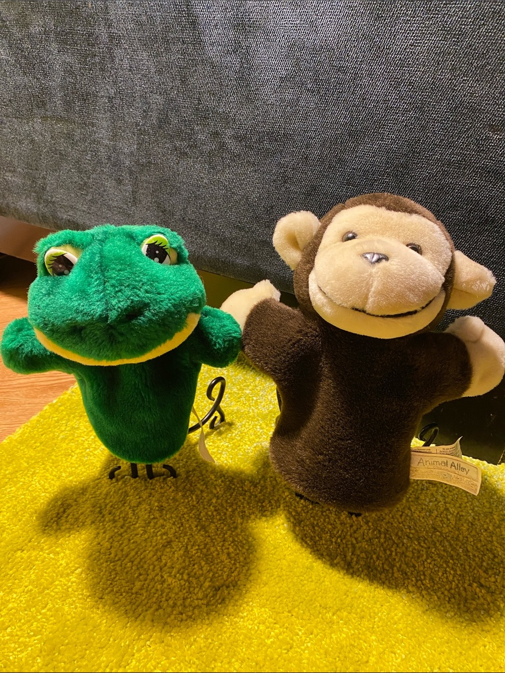 2 Vintage Hand Puppets Monkey Frog  9”Plush  Animal Alley Toys R US